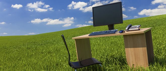 office desk in a meadow.