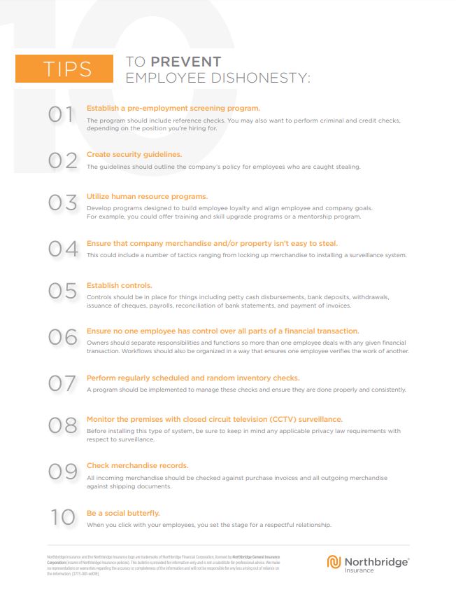 Northbridge's tips to prevent employee dishonestly