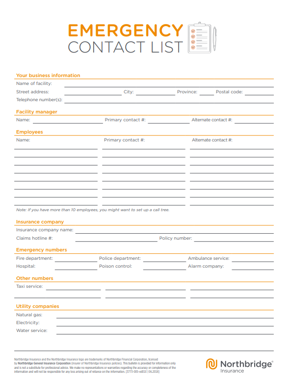 Northbridge Emergency Contact List Template