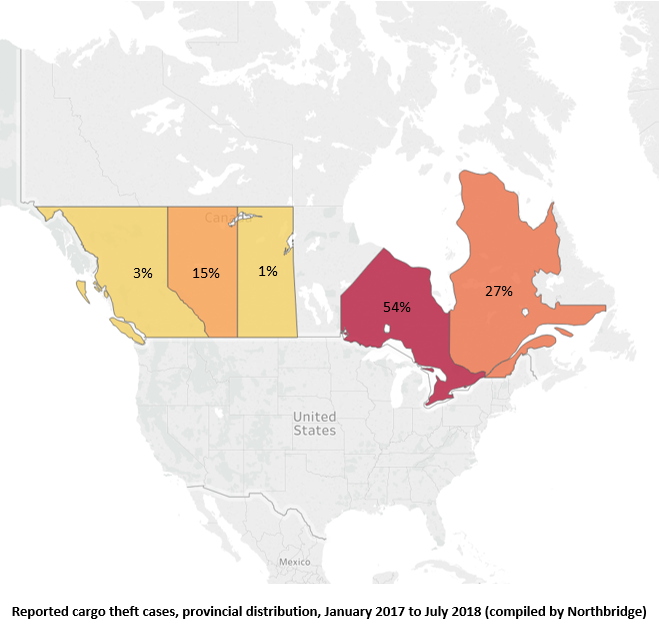 Canadian cargo theft in Canada by province