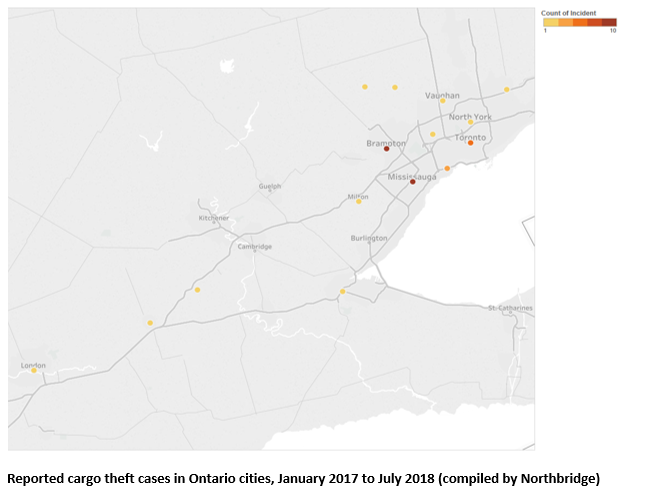 Canadian cargo theft in Canada by Ontario city