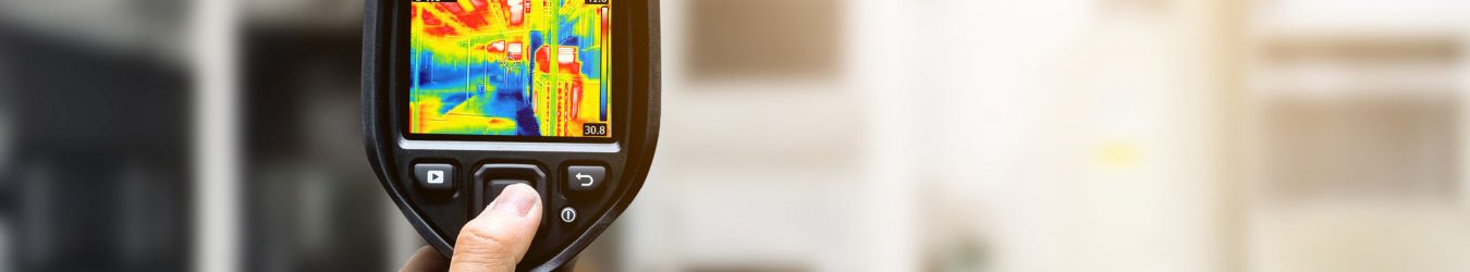 Technician using thermography camera to check temperature in factory