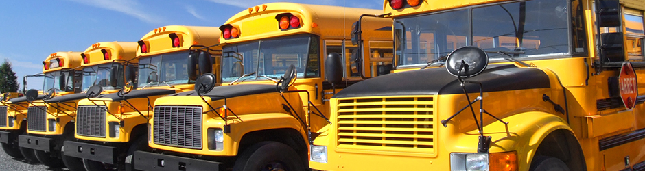 A row of parked yellow school buses.