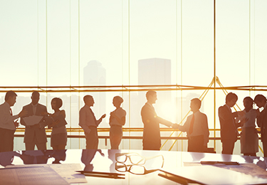 A group of silhouetted business people in an office shaking hands.