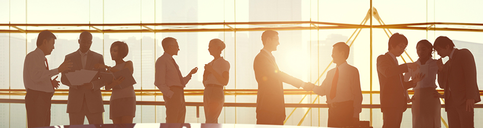 A group of silhouetted business people in an office shaking hands.