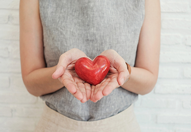 A midsection view of a woman holding a red heart.