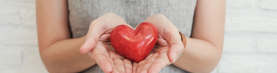 A midsection view of a woman holding a red heart.