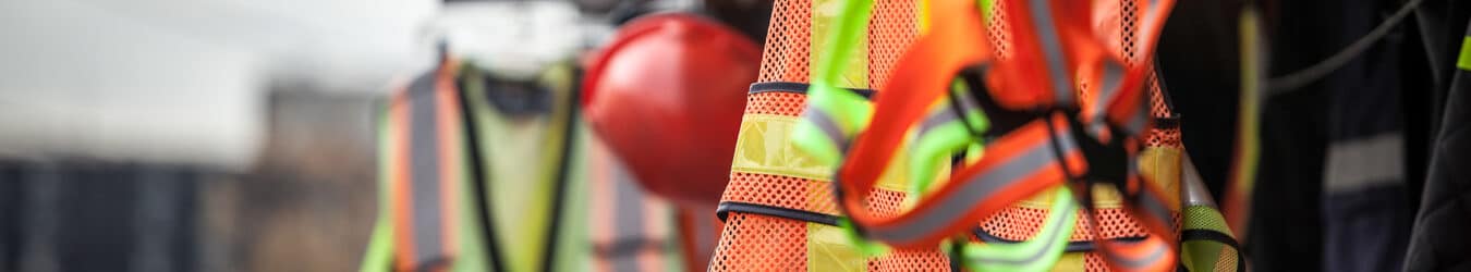 Harness, reflective vests, yellow jackets, construction site helmets hanging on a wall.