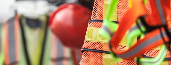 Harness, reflective vests, yellow jackets, construction site helmets hanging on a wall.