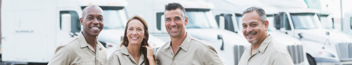 Four multi-ethnic workers in front of semi-trucks.