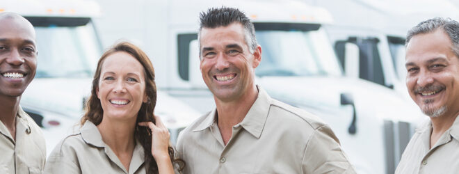 Four multi-ethnic workers in front of semi-trucks.